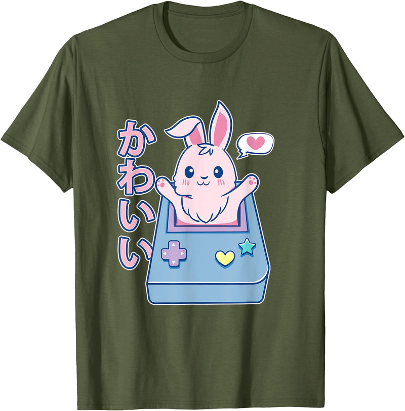 Kawaii Gamer Bunny - Rabbit Pastel Cute T-Shirt in Olive Green