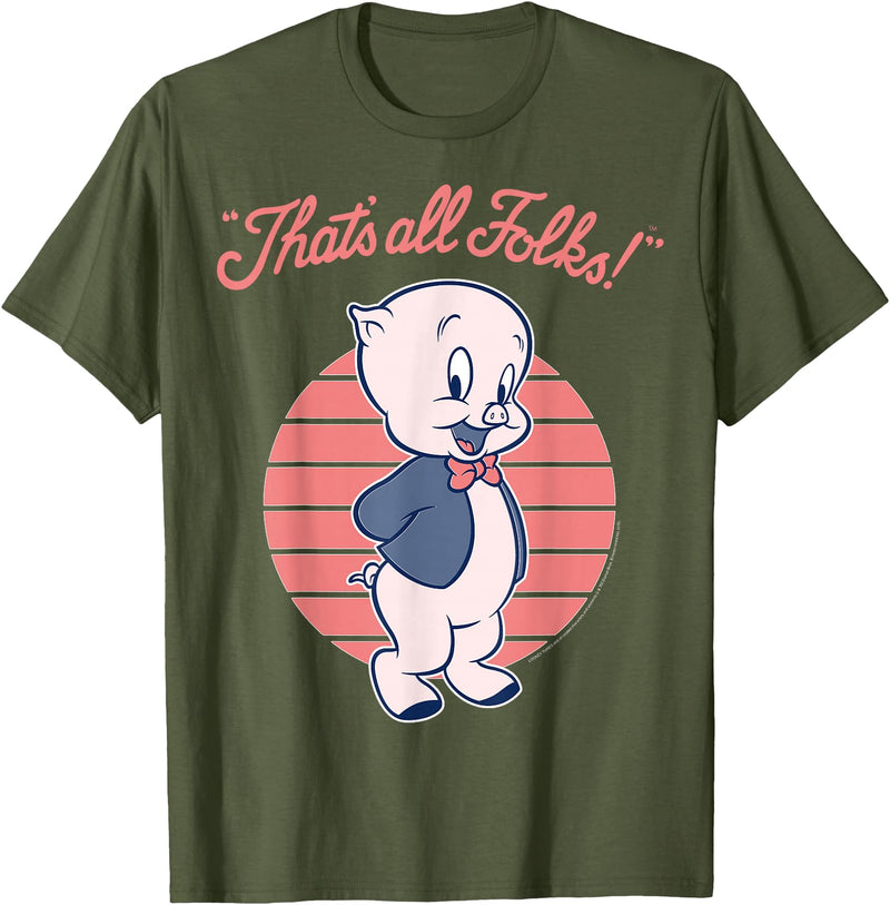 Looney Tunes Porky Pig That's All Folks Lined Portrait T-Shirt - Olive Green