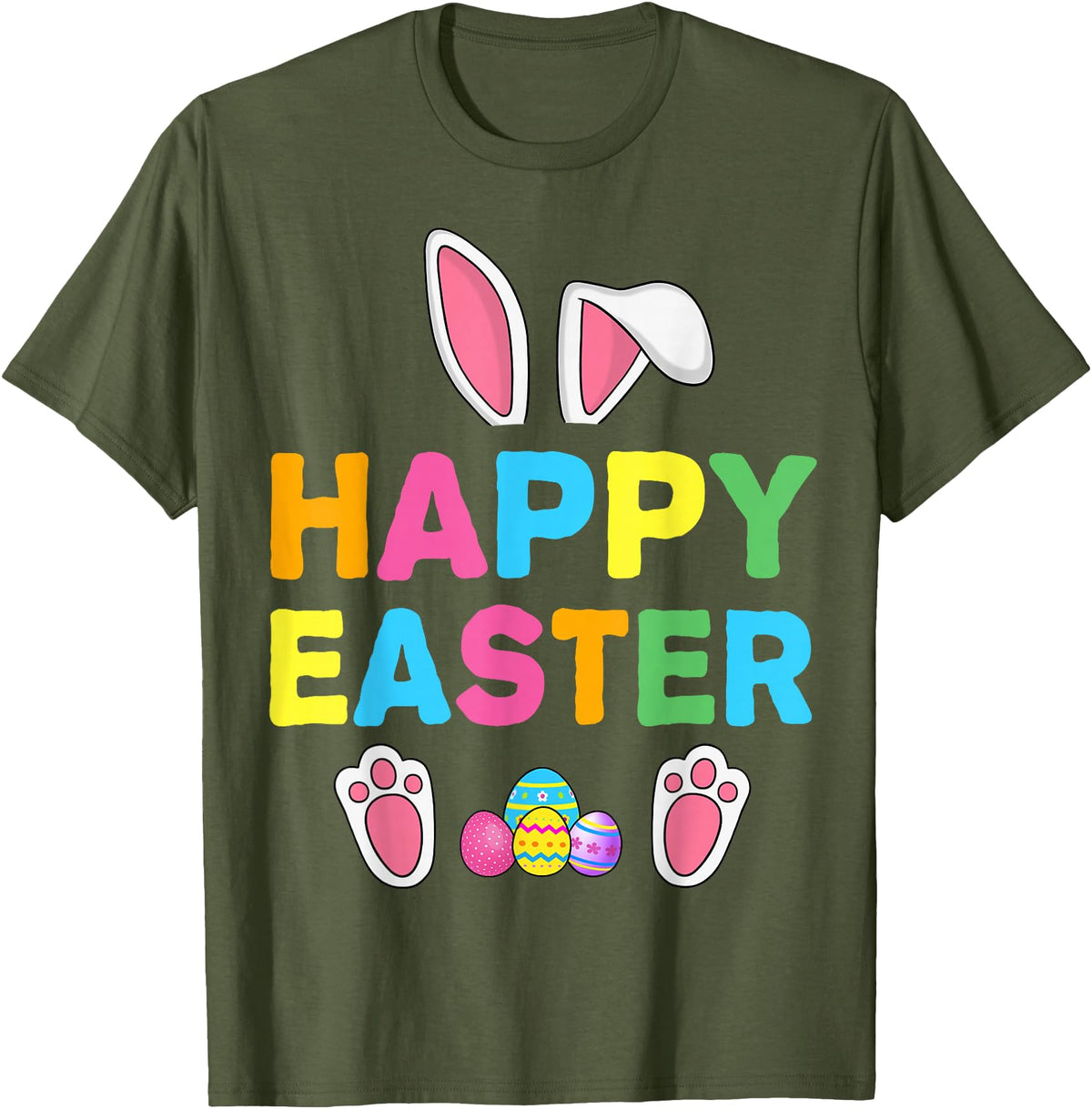 Happy Easter Bunny Rabbit Face Funny Easter Day Women Girls T-Shirt in Olive Green