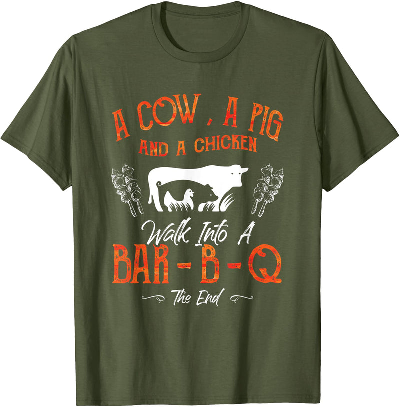 Cow Pig Chicken - Master Griller - DressedForDuty A Cow, a Pig and a Chicken Barbecue BBQ Master Griller Chef T-Shirt - Olive Green