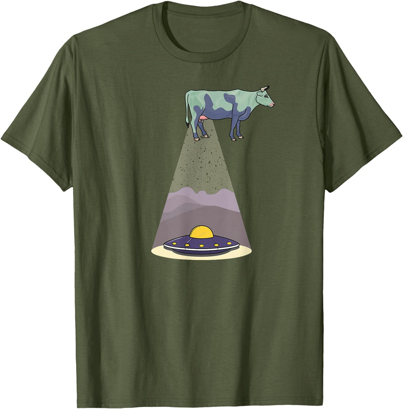 Funny Alien Abduction Cow UFO T-Shirt - Olive Green