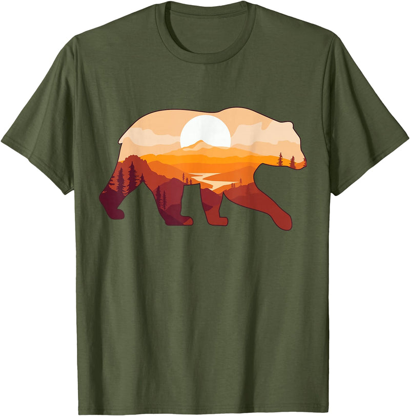 Protect Bear Tees BY SL Bear Double Exposure Preserve Surreal Wildlife Animal Themed T-Shirt - Olive Green