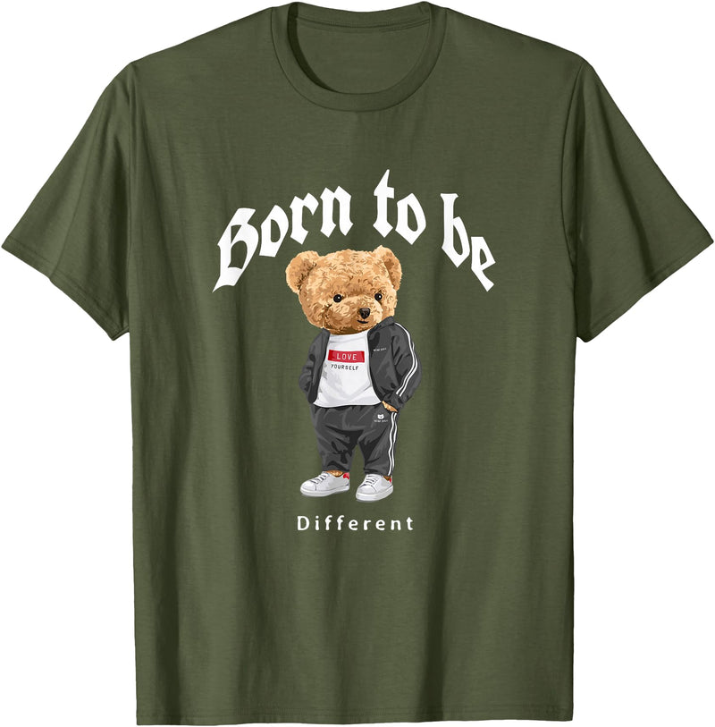 Bahaa's Tee Born To Be Different, Cool Teddy Bear Quotes Graphic Designs T-Shirt - Olive Green