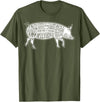Pig Grilling Pork BBQ Bacon Lover Fun Gift Idea Lard Cuts Image Pig Parts Diagram Illustration Butcher Print T-Shirt - Olive Green