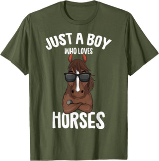 Cute Horse Owner Gifts Just a Boy who Loves Horses Equestrian Horseback Riding Kids T-Shirt - Olive Green