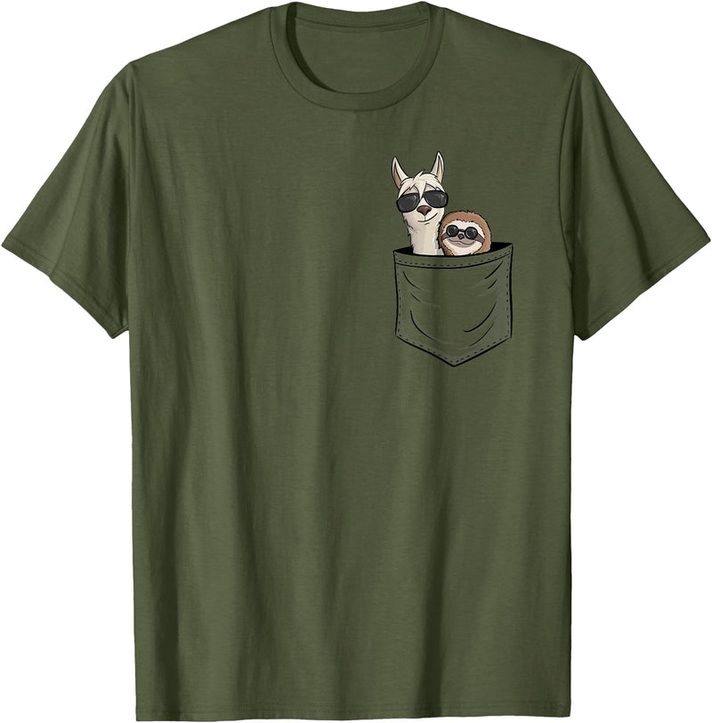 Llama Alpaca Gifts By Skizzenmonster Hipster Llama & Sloth With Sunglasses T-Shirt - Olive Green
