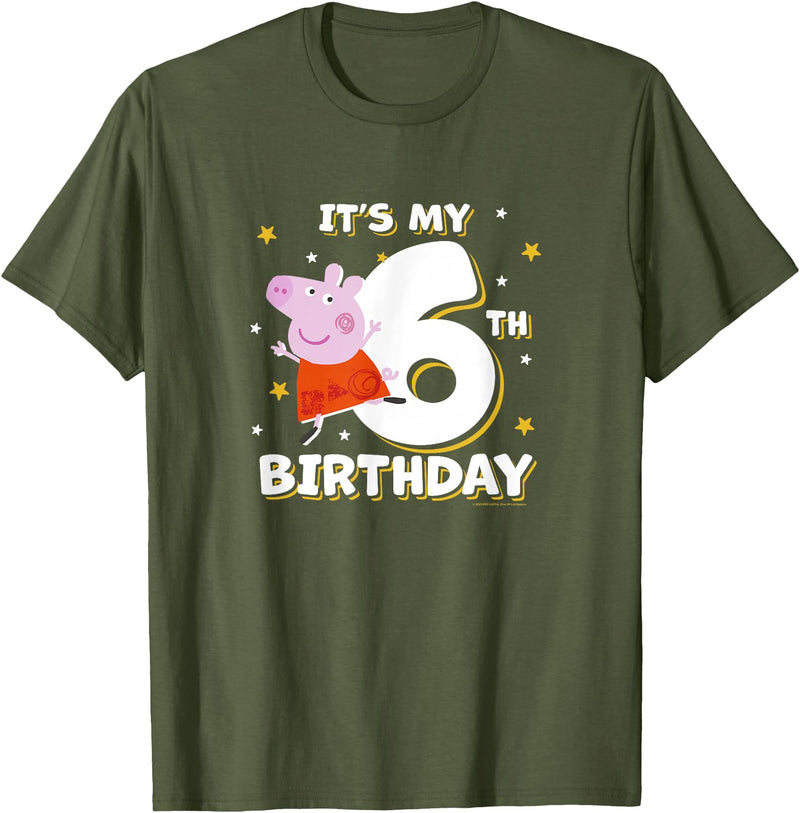 Peppa Pig It's My 6th Birthday Holiday Stars Celebration T-Shirt - Olive Green