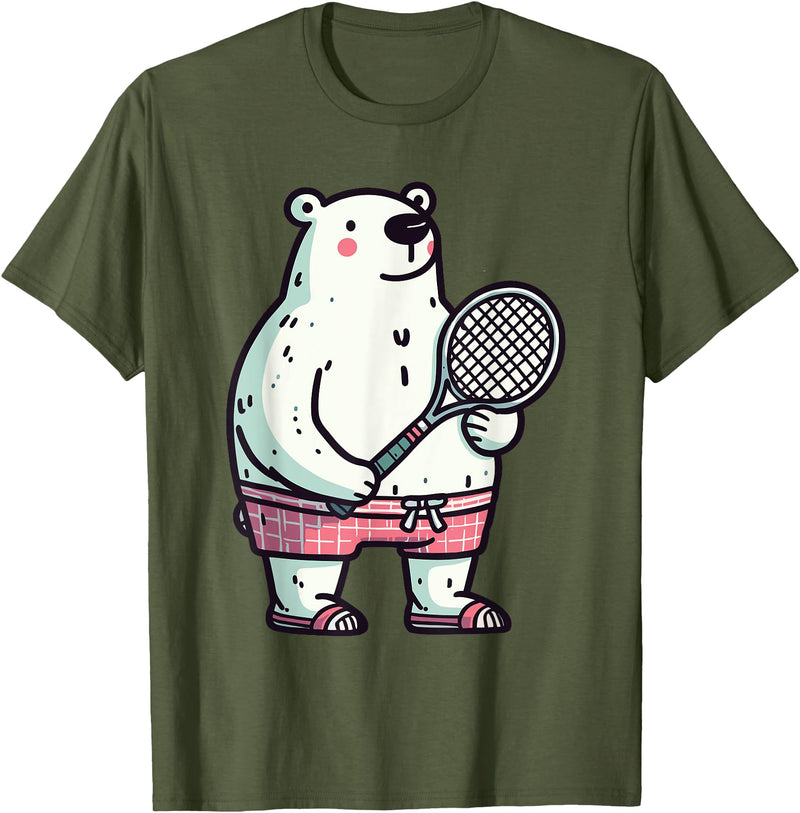 Polar Bear Racket Ball Animal Playing Tennis Polar Bear Tennis Club Animals Sport Tournament T-Shirt - Olive Green