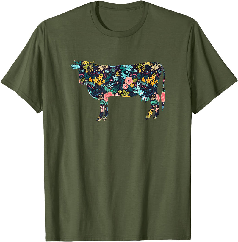 Cow Floral Silhouette Cattle Farm Lover Floral Cow Silhouette Womens Girls Cow Farm Animal T-Shirt - Olive Green