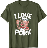 Pig Chef Barbecue Enthusiast Humor I Love Pork Funny Pig Chef Cartoon BBQ T-Shirt - Olive Green