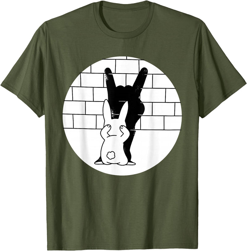 Funny Rabbit Bunny Animal Shadow Puppet T-Shirt in Olive Green