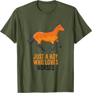 Cool Horse Riding Tees Horse Boy Just A Boy Who Loves Horses Horseback Riding T-Shirt - Olive Green