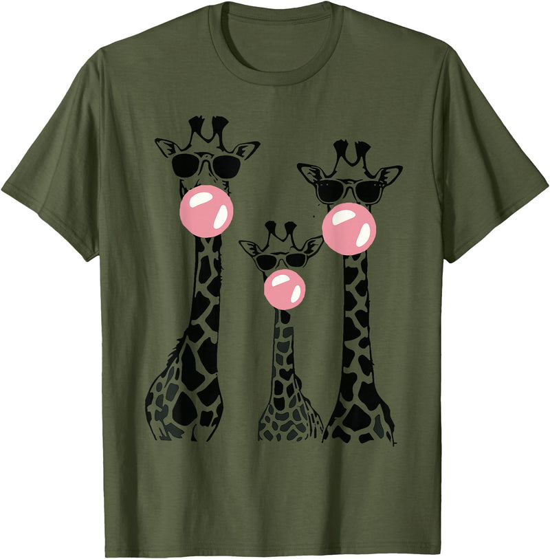 Bubble Safari Graphics Cute Giraffe Trio Blowing Bubble Gum with Sunglasses T-Shirt - Olive Green
