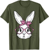 Cute Bunny Rabbit Face with Bandana Heart Glasses Easter Day T-Shirt in Olive Green
