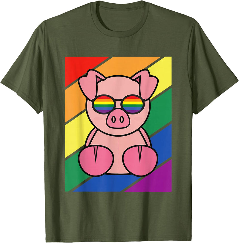LGBTQ Flag Gay Pride Month Rainbow Pig With LGBT Glasses T-Shirt - Olive Green