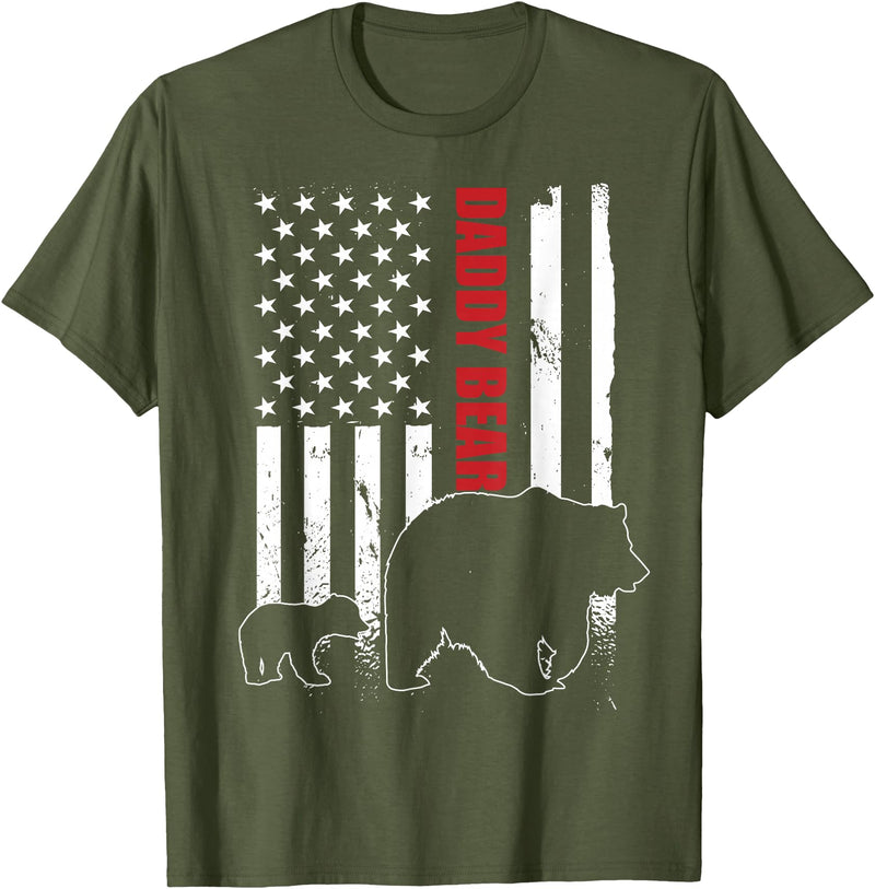 Vintage Gift for proud Dad 4th of July Daddy Bear with cub American Flag Papa Bear Father's Day T-Shirt - Olive Green