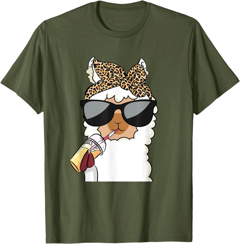 Cute Alpaca Llama Lover Llama Leopard Girls Women Alpaca Lover T-Shirt - Olive Green