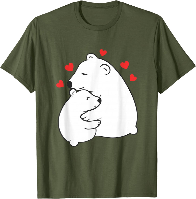 Mother's Day Clothing Gift Idea Cute Mama and Baby Polar Bear Cub Hugging Mothers Day T-Shirt - Olive Green
