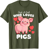Motion Designs - Farm Animals Just A Girl Who Loves Pigs - Cute Girls Piggy T-Shirt - Olive Green