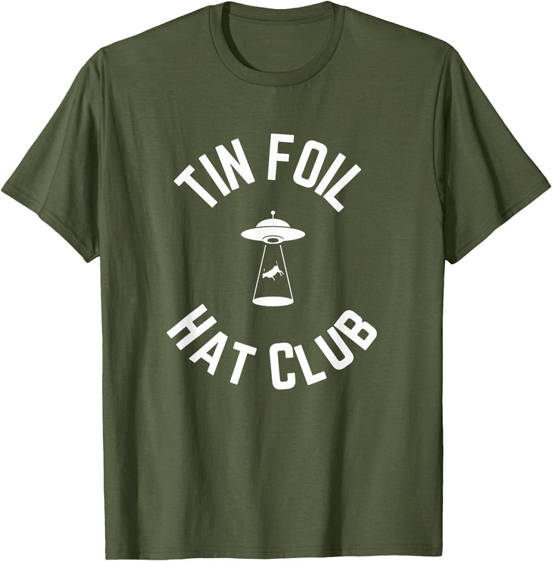Tin Foil Hat Club with UFO Cow Abduction T-Shirt - Olive Green