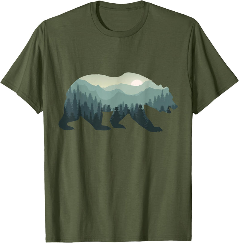 Outdoors Gift Ideas Camping Stuff Men Graphic Tees Misty Forest Bear Silhouette Wildlife Nature Lover T-Shirt - Olive Green
