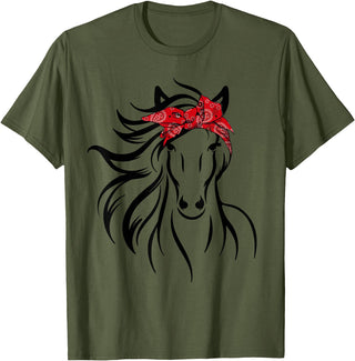 Horse Bandana Tee For Women Girls Tee Horse Bandana Tee for Horseback Riding Horse Lover T-Shirt - Olive Green