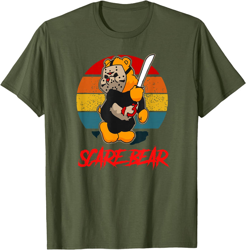 Funny Halloween Bear Gifts Scare Bear Horror Bear With Knife Spooky Halloween T-Shirt - Olive Green