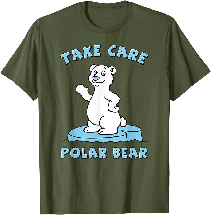 Bear Hugs Apparel Take Care Polar Bear Cute Cartoon Design T-Shirt - Olive Green