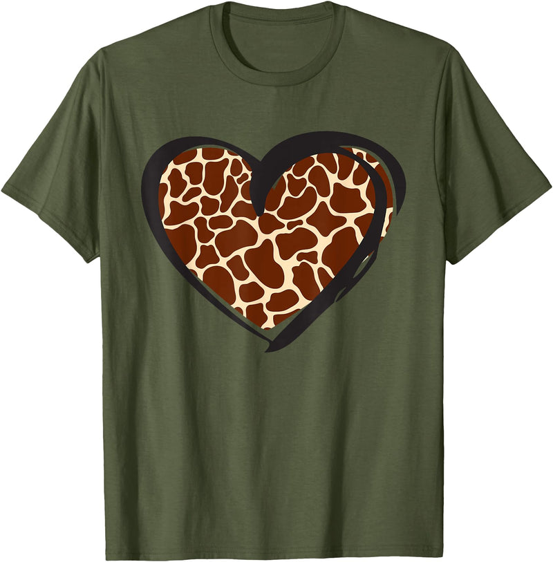 Giraffe Pattern Graphic Apparel Heart Giraffe Print for Giraffe Lover T-Shirt - Olive Green