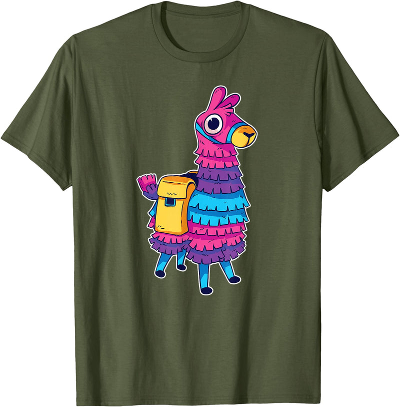 Llama Pinata Party Shop Funny Loot Llama Pinata with Yellow Saddlebag T-Shirt - Olive Green