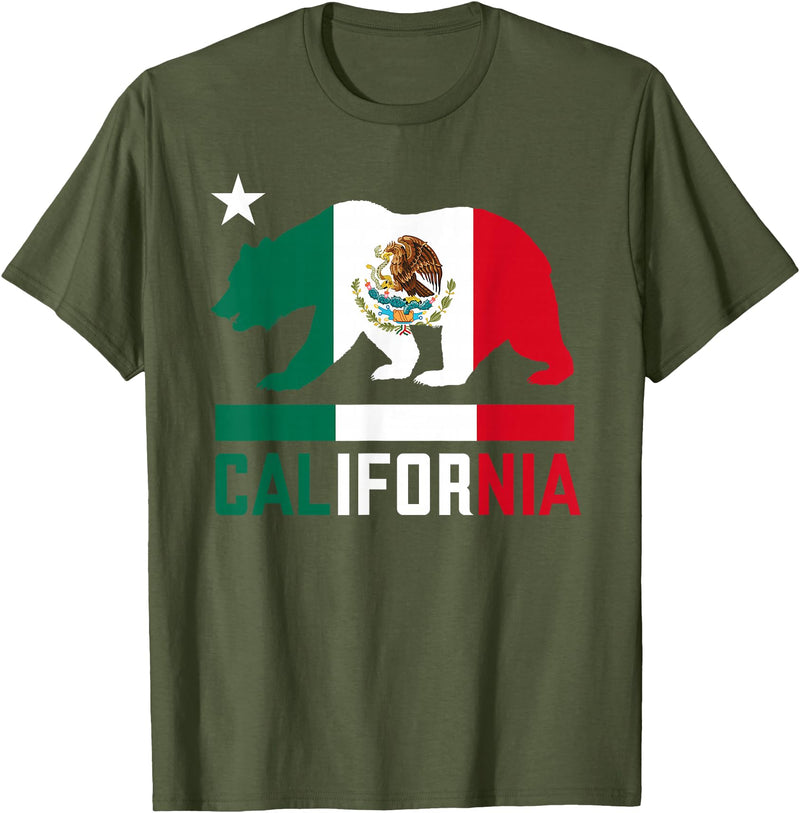 Mexican American US Apparel Co California Bear Mexican Flag State T-Shirt - Olive Green