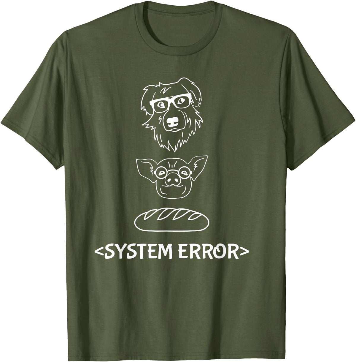 Dog Pig Loaf of Bread Funny Monchi Pug Slogan Dog Pig Loaf of Bread System Error Monchi the Pug Robot T-Shirt - Olive Green