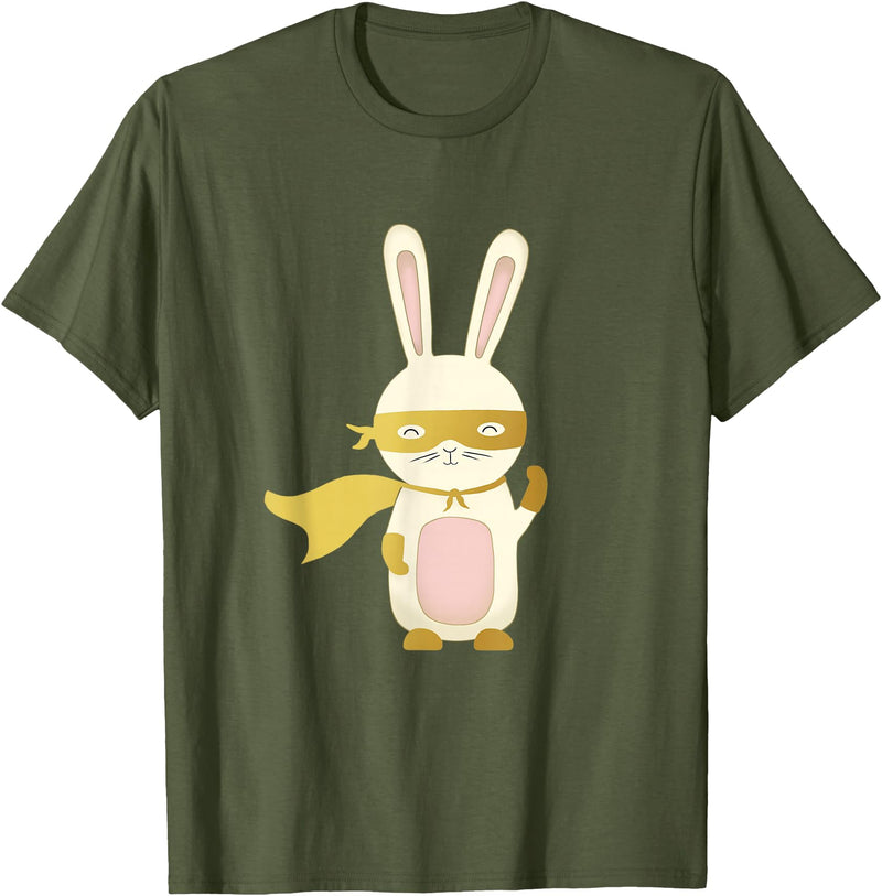 Super Rabbit for Men Women and Children - the Golden Hero T-Shirt in Olive Green