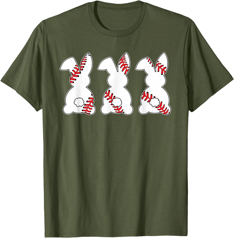 Funny Baseball Sports Easter Bunny Rabbits Easter Day T-Shirt in Olive Green