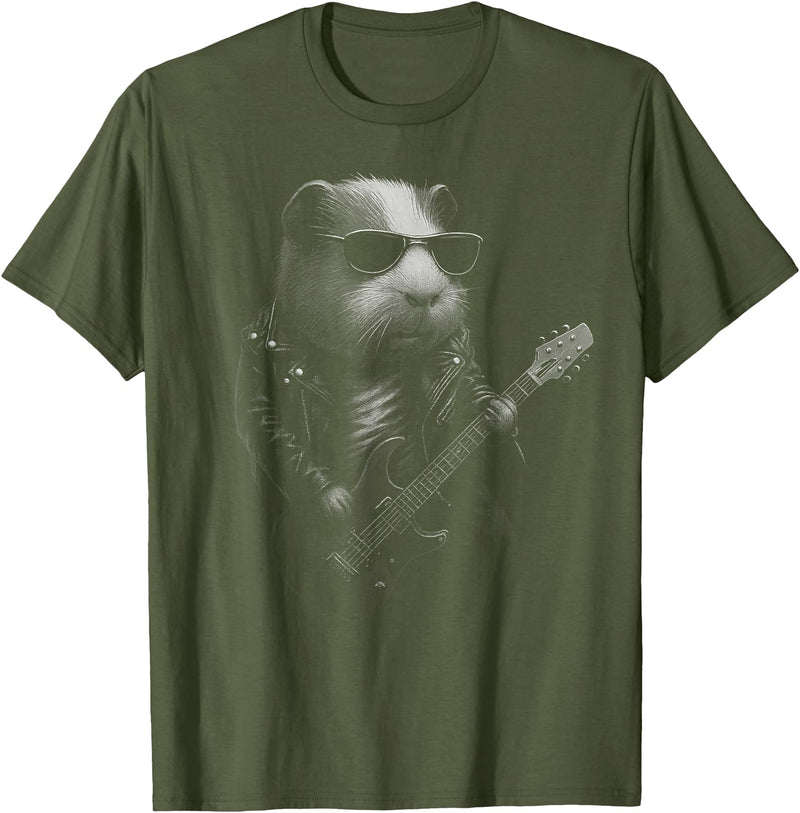 Funny Cavy Rock And Roll Pet Designs Guinea Pig Playing Guitar Rock Music Pet Lover T-Shirt - Olive Green