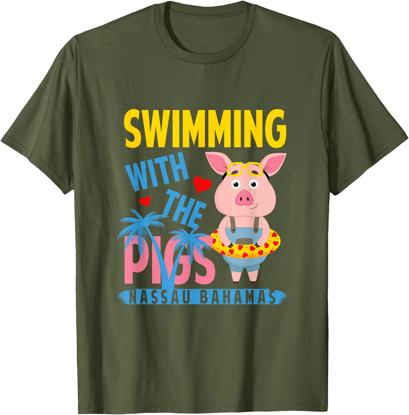 Swimming With The Pigs Bahamas Beach Summer Vibes Swimming With The Pigs Nassau Bahamas Hello Summer Beach T-Shirt - Olive Green