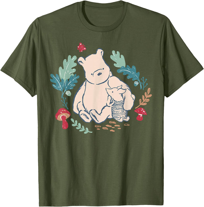 Disney Winnie The Pooh Classic Illustration Piglet and Pooh T-Shirt - Olive Green