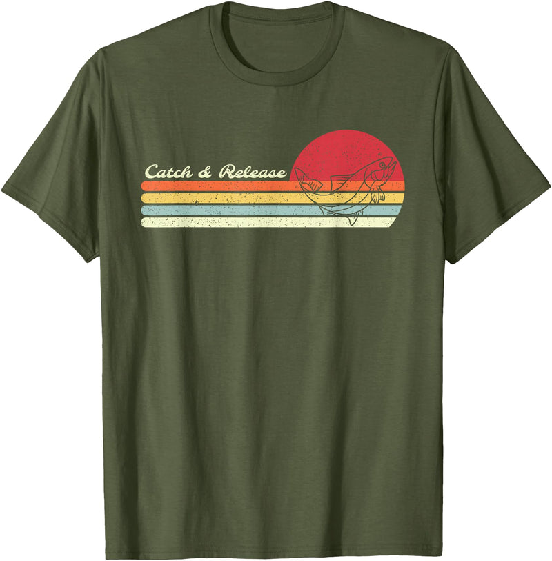 Retro Sunset Brook Trout Salmon Fisherman Designs Angler Catch & Release Trout Fly Fishing Vintage Distressed T-Shirt - Olive Green