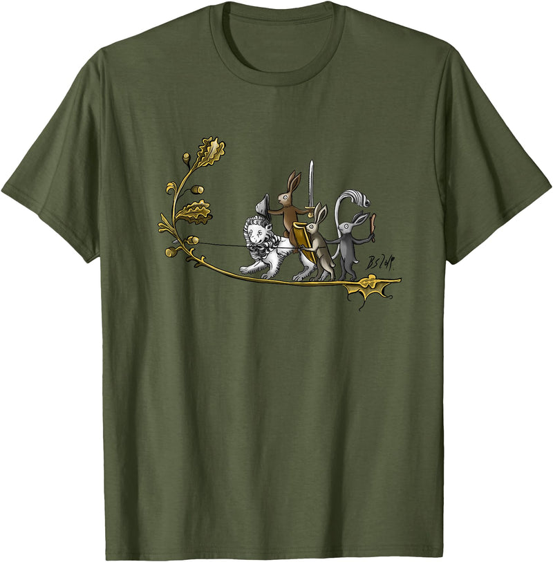 Cute Medieval Rabbits Lover Bunny Graphic T-Shirt in Olive Green