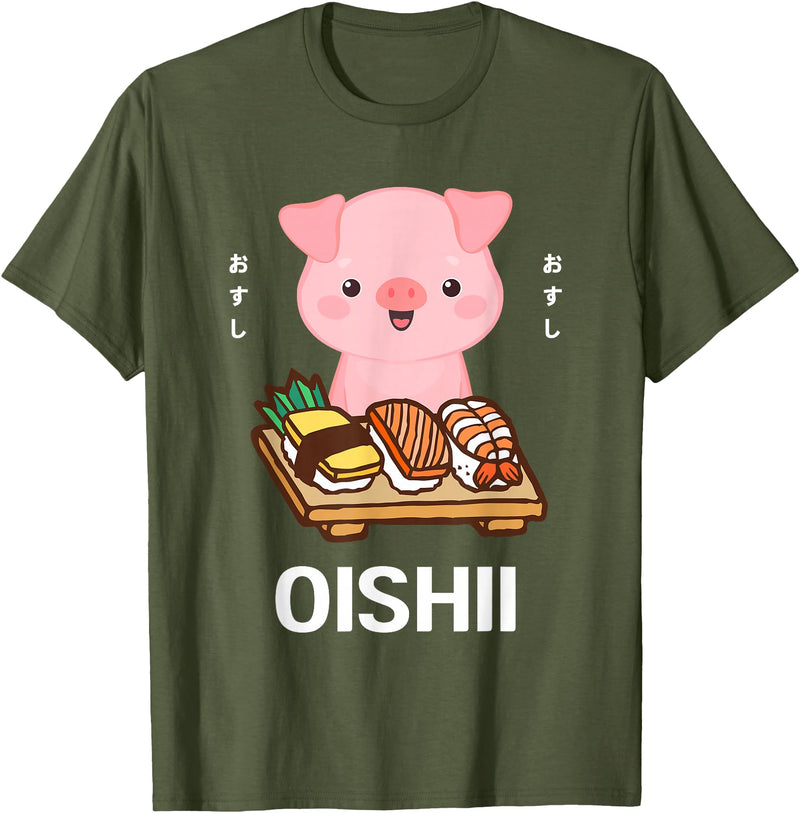 Cute Pig Eats Sushi Japanese Food Lover Cute Kawaii Pig Eats Sushi Japanese Food Lover Otaku T-Shirt - Olive Green