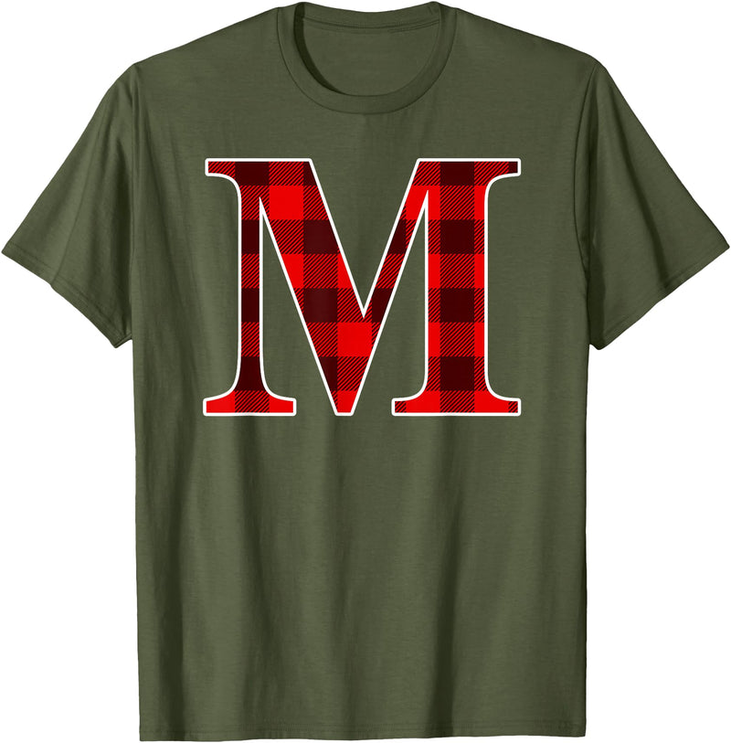 Buffalo Plaid Forever Buffalo Plaid Monogram Letter M Matching Holiday T-Shirt - Olive Green