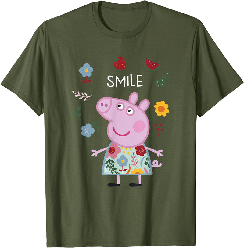 Peppa Pig Smile Cute Flowers & Fruit Full Body Portrait T-Shirt - Olive Green