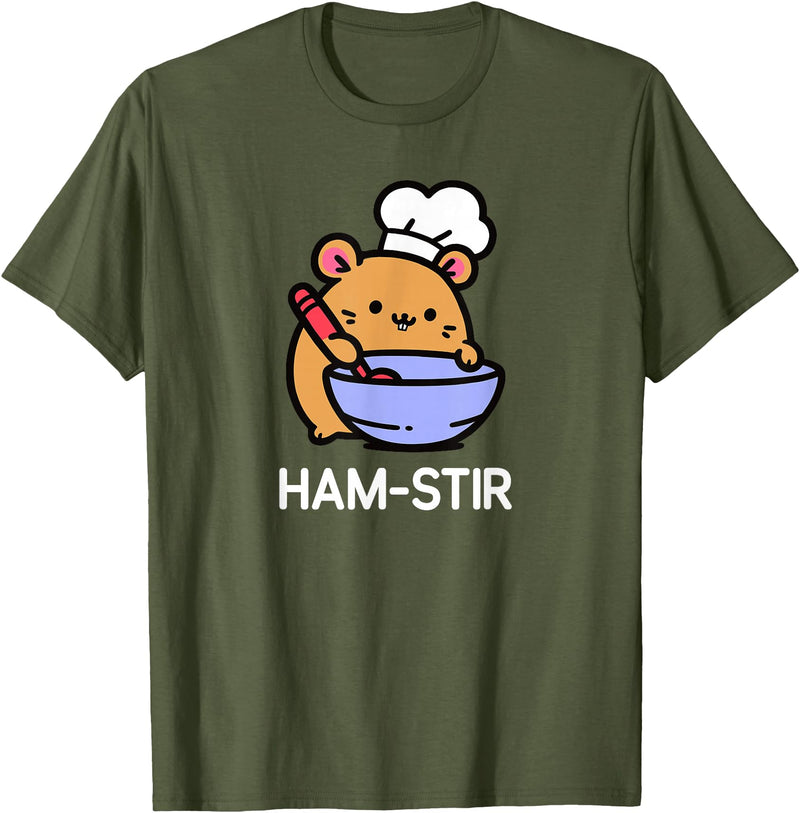 Hamster, Ham-stir Funny Jokes Sarcastic T-Shirt - Unisex-Adults & Kids - Black - Small - Short Sleeve - Cotton Blend - Classic Fit - Crew Neck - T-Shirt - Olive Green