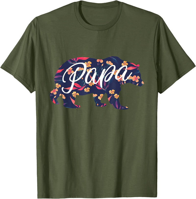 Bahaa's Tee Best Daddy Ever, I Love You Dad, Floral Papa Bear Graphic T-Shirt - Olive Green