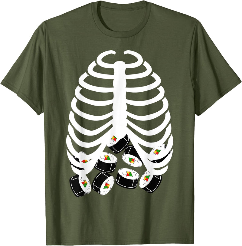 Halloween Sushi Costumes Co. Halloween Adult Youth Kids Costume Rib Cage Skeleton Sushi T-Shirt - Olive Green