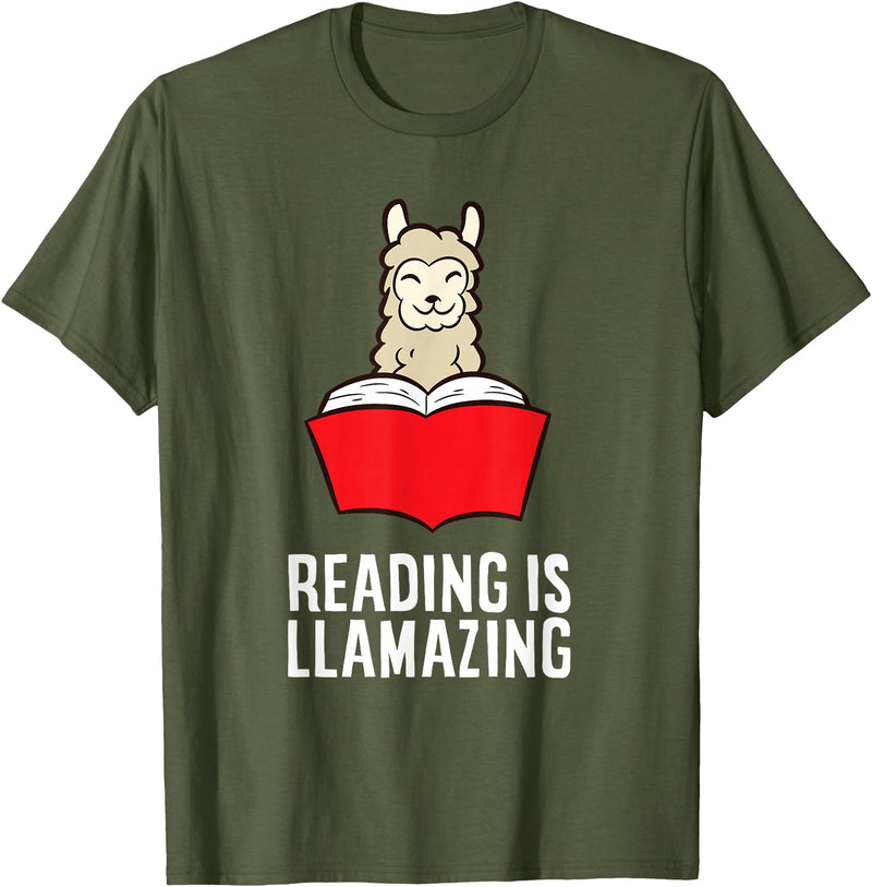The Llama And Alpaca Lover Funny Llama Lover Reading Is Llamazing Bookworm Llama T-Shirt - Olive Green