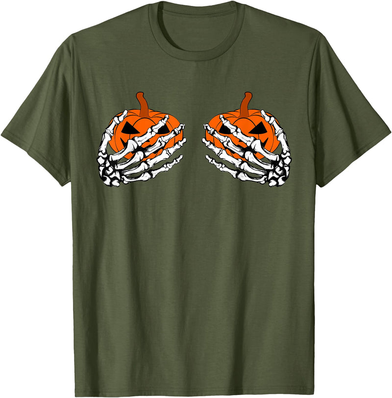 Fun Skeleton Pumpkin Boobies Halloween Costume Illustration T-Shirt - Olive Green