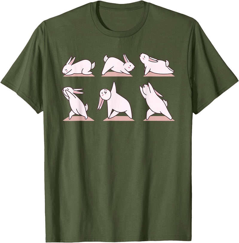 Cute Bunny Yoga Rabbit Poses and Meditation Funny T-Shirt in Olive Green