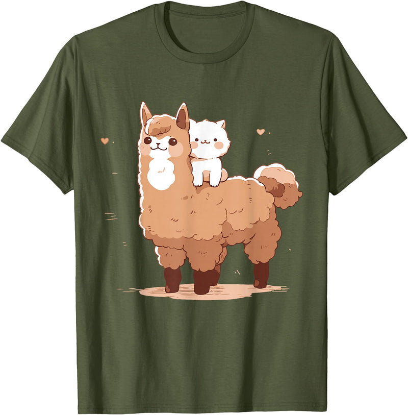 Funny Llama Alpaca Animal Lover Gifts Clothing Llama Alpaca Cat T-Shirt - Olive Green