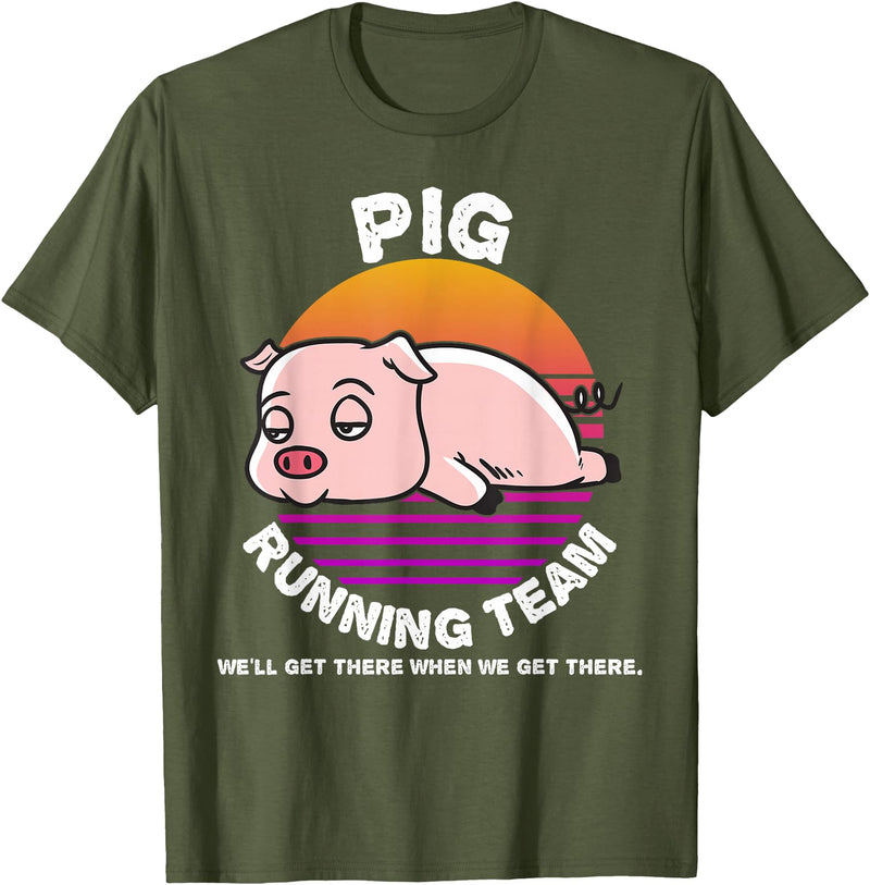 Running Shirts by CrushRetro Funny Farm Pig Running Team Shirt Kids Men Women Gift T-Shirt - Olive Green
